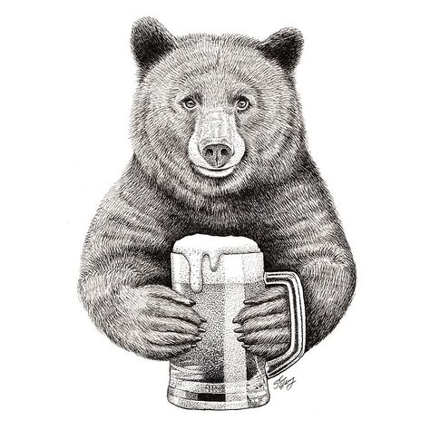 Bear Drinking Coffee, Bear Drinking Beer, Beer Drawing, Beer Tattoos, Bear Drink, Puzzle Tattoos, Beer Bear, Beer Illustration, Wood Burning Stencils