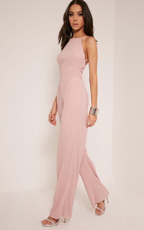 Teeah Dusty Pink High Neck Jumpsuit Pale Pink Jumpsuit Outfit, Peach Jumpsuit, Pink Fitted Formal Jumpsuit, Chic Pink Halter Neck Jumpsuit, Formal Jumpsuits For Women Wedding, High-waist Pink Jumpsuit For Party, Pink Satin Jumpsuit, Blush Pink Jumpsuit, Blush Jumpsuit