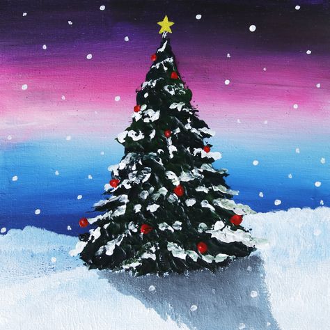 Easy Christmas Tree Painting, Easy Winter Paintings, Winter Canvas Painting Ideas Easy, Christmas Tree Painting Easy, Christmas Acrylic Painting Easy, Winter Landscape Painting Acrylic Easy, Christmas Tree Acrylic Painting, Tree Painting Easy, Landscape Acrylic Painting