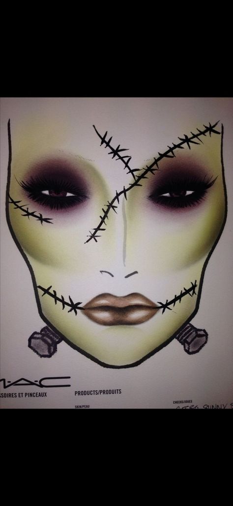 Stitched Face Halloween, Frankenstein Stitches Makeup, Face Stitches Makeup, Halloween Face Charts Makeup Ideas, Stitches Halloween Makeup, Halloween Facechart, Frankenstein Stitches, Frankenstein Halloween Makeup, Eye Makeup Brown Eyes