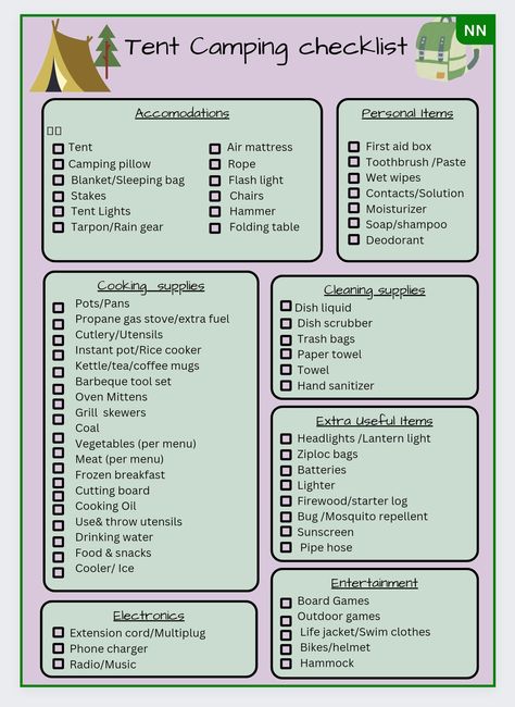 Simple list of essential items for camping. Tent Camping Checklist, Camping Essentials List, Zelt Camping, Camping Family, Camping Packing List, Camper Camping, Camping List, Camping Pillows, Scout Camping