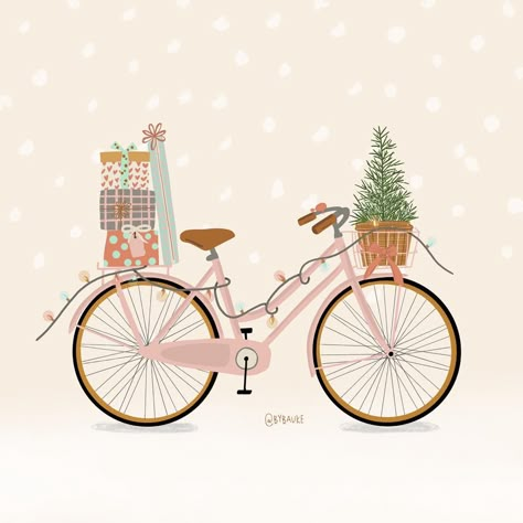 Christmas Illustration Card, Christmas Bike, Christmas Bike Decorations, Christmas Bicycle, Christmas Bicycle Decor, Cycling Christmas Card, Amsterdam Christmas, Illistrated Christmas Tree, Bicycle Illustration