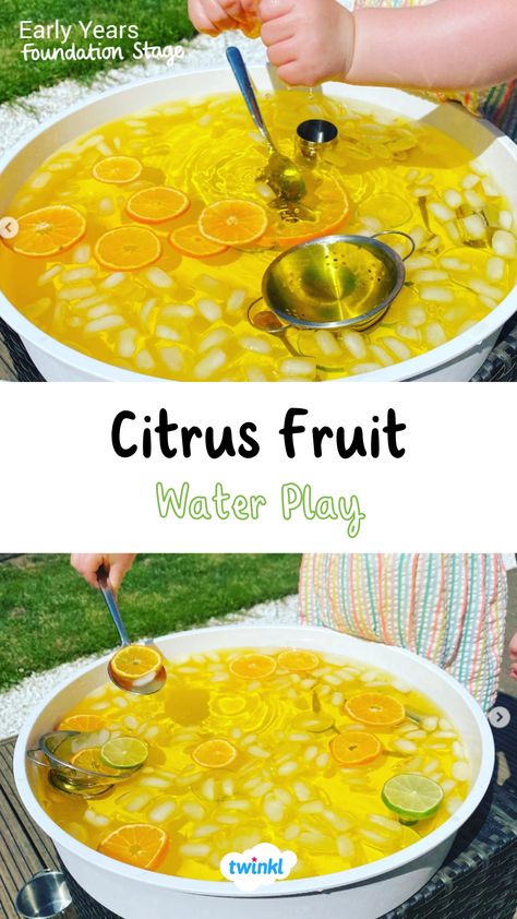 This lovely summer water play is perfect for the warmer months, with lots of learning! Thanks to @thisiseyfs. Click for more citrus summer activities Fruit And Veg Activities For Preschool, Food Eyfs Activities, Fruit Sensory Play, Eyfs Summer Activities, Water Play Activities For Preschoolers, Two Tti Frutti, Summer Tuff Tray, Seaside Eyfs, Feeding Therapy Activities