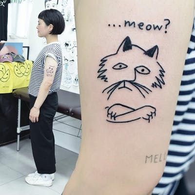 Tattoo uploaded by Tattoodo | Tattoo by Woozy #Woozy #cattattoo #cattattoos #cat #kitty #animal #petportrait #nature #ignorantstyle #ignorant #illustrative #text #meow #funny #linework #sketch | 650281 | Tattoodo Illustrative Blackwork, Party Tattoos, Tattoo Board, Stick And Poke, Book Tattoo, Animal Nature, Cat Tattoo, Paw Print Tattoo, Blackwork