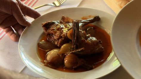 Rabbit stifado recipe : SBS Food  Greek, cinnamon, orange zest, bay leaves, tomato, red wine Stifado Recipe, Braised Rabbit Recipe, Rabbit Recipes, Rabbit Stew, Greek Recipe, Sbs Food, Rabbit Food, Onion Recipes, Game Food