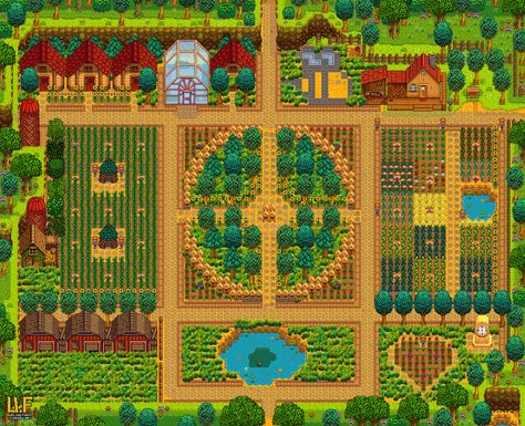 My favorite one yet! Standard Farm Layout Stardew Valley @NOTpuga Beehive and Bee Love Farm Layout Stardew Valley, Stardew Farms, Stardew Valley Layout, Stardew Valley Tips, Stardew Valley Farms, Valley Game, Stardew Valley Fanart, Empty Canvas, Farm Plans