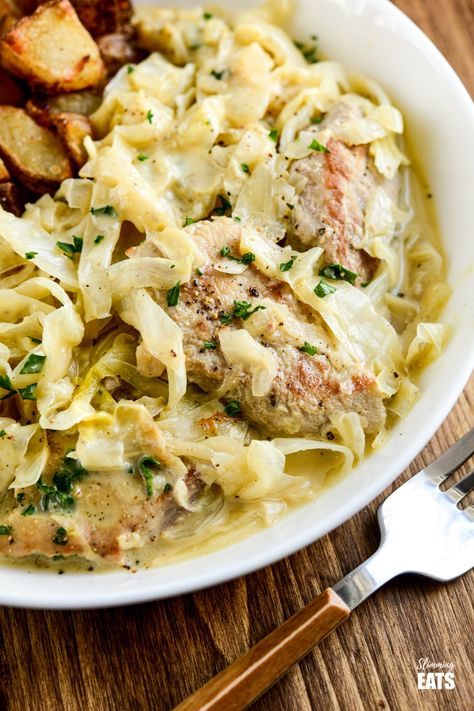 Creamy Garlic Pork with Cabbage - pork pieces in an irresistible lighter creamy garlic sauce with delicious shredded cabbage for a perfect any night of the week dinner.  Gluten-Free, Slimming World and Weight Watchers friendly Cabbage And Pork Soup, Pork Tenderloin With Cabbage, Pork Loin Cabbage Recipes, Crockpot Pork Chops And Cabbage, Pork Chop And Cabbage Recipes Crock Pot, Pork Chop Cabbage Recipes, Pork Chops With Cabbage, Pork Loin And Cabbage Recipes, Pork And Cabbage Recipes Crockpot