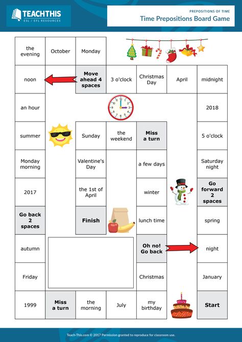 Preposition Games, Preposition Of Time, Preposition Of Time Activities, Preposition Activities, Parts Of Speech Activities, Free Time Activities, Creative Writing Classes, English Teaching Materials, English Games