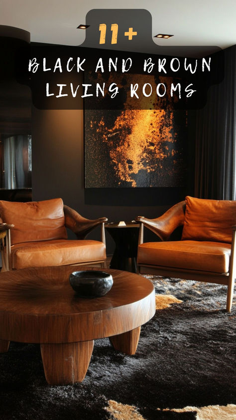 Looking for a cozy yet chic update? Check out these 11 stunning black and brown living room ideas that'll transform your space! 🛋️🖤 #LivingRoomInspo #HomeDecor #ChicInteriors #CozyLiving #RoomTransformation Black Wood And Grey Living Room, Black Tan And Grey Living Room, Black And Tan Living Room Ideas, Cognac Sofa Living Room Ideas, Masculine Living Room Apartment, Black And Brown Living Room Ideas, Gray And Camel Living Room, Mens Lounge Room, Man House Decor Masculine Interior