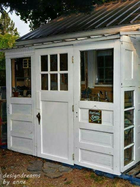 Neat garden shed idea using 3 old repurposed doors! Garden Shed Diy, Shed Landscaping, Doors Repurposed, Shed Doors, Backyard Sheds, Backyard Shed, Farmhouse Garden, Outdoor Sheds, Diy Shed