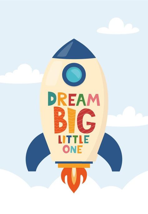 Cute cartoon print with rocket and lettering Dream Big Little One. Cute design for children's fashion fabrics, textile graphics, prints. Motivaton slogan for kids. Vector illustration. Letter T Monogram, Kids Fabric Prints, Dream Cartoon, Rocket Illustration, Book Exhibition, Cartoon Rocket, Rocket Cartoon, Storybook Animals, Dream Illustration