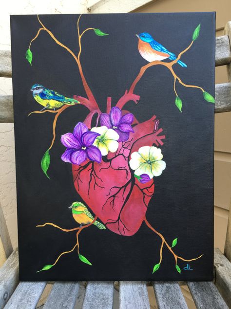 Birds Acrylic Painting, Heart Anatomical, Anatomical Heart Art, Anatomy Medical, Painting Birds, Heart Artwork, Nature Abstract, Painting Nature, Medical Art