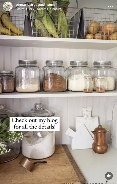 Cottage Kitchen Organization, Organizing Open Kitchen Shelves, Cottage Style Pantry, Tiny Butlers Pantry Ideas, Open Pantry In Kitchen, Cottage Pantry, Country Pantry, Cottage Lifestyle, Pine And Prospect Home