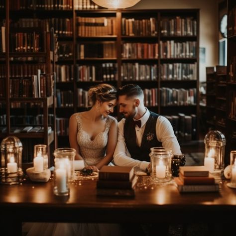 Library wedding - A wedding held in a library with decor inspired by books, like vintage typewriters, leather-bound books, and candlelight Library Wedding Aesthetic, Casino Theme Wedding, Library Wedding Reception, Victorian Era Wedding, Civil Wedding Photos, Bookstore Wedding, Party Themed Wedding, Bookish Wedding, Black Red Wedding