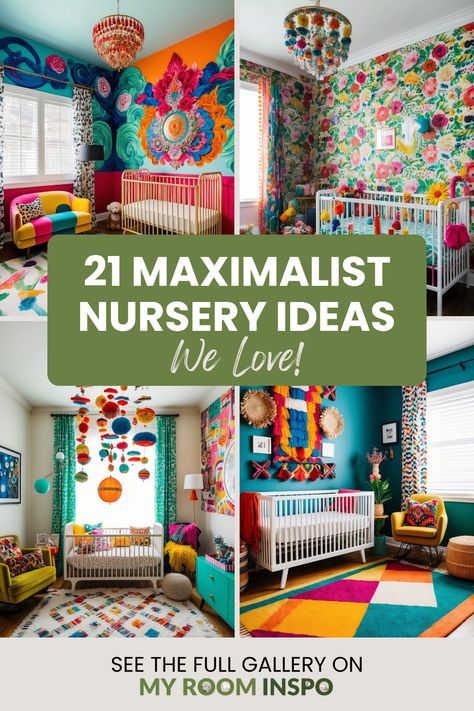 Showcasing 21 stylish maximalist nursery ideas, featuring vibrant color themes, playful patterns, and unique baby room decor choices. Perfect inspiration for creating a lively and cozy space for your little one. Lisa Frank Nursery, Nursery Ceiling Ideas, Colorful Baby Girl Nursery, Baby Girl Nursery Colorful, Fruit Themed Nursery, Baby Nursery Colorful, Bold Nursery Ideas, Colourful Baby Room, Eclectic Baby Room