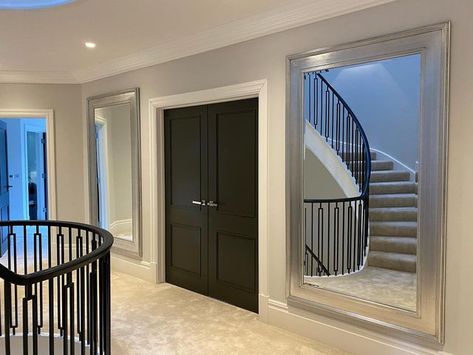 Jenny Allan on Instagram: "Landing area with two oversized mirrors at one of our projects." Statement Mirrors, Landing Space, Large Mirrors, Landing Area, Statement Mirror, Area Lighting, Large Mirror, Oversized Mirror, Stairs