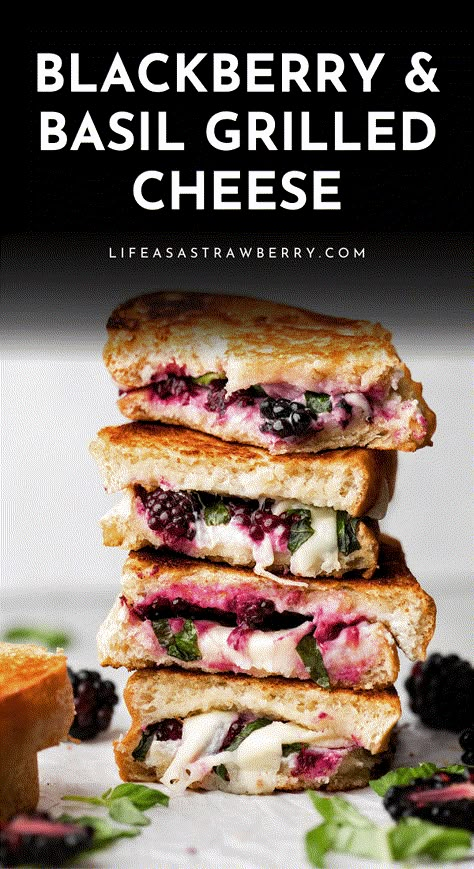 Blackberry Caprese Grilled Cheese - Step up your grilled cheese sandwich game with this delicious caprese inspired blackberry grilled cheese sandwich. This isn’t your classic grilled cheese, but it’s an amazing melt style twist on a favorite! Fresh blackberries, goat cheese, mozzarella, and fresh basil are piled on sourdough bread and grilled to perfection. Great for a quick and easy lunch or dinner. Includes how-to photos and plenty of notes! Vegetarian. Blackberry Grilled Cheese, Basil Grilled Cheese, Cheesy Sandwich, Grilled Sandwiches, Cheese Mozzarella, Grill Cheese Sandwich Recipes, Classic Grilled Cheese, Cheese Sandwich Recipes, Sandwich Ideas