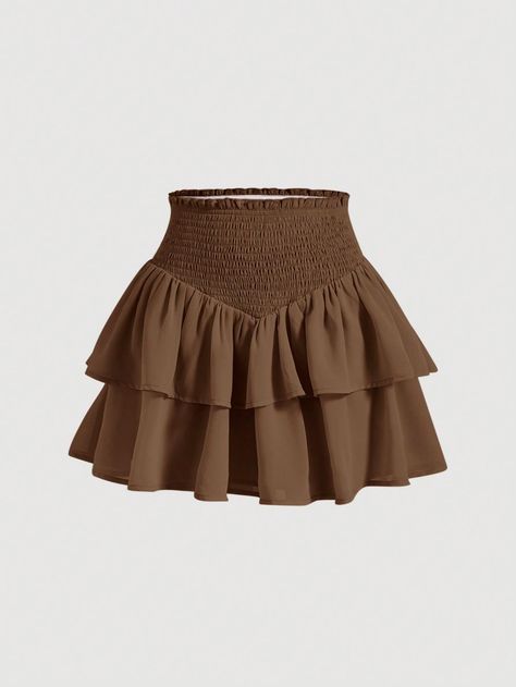 Women's Double Layer Ruffle Asymmetric Hem Shirred Waist Mini Skirt Brown Casual   Woven Fabric Plain Layered/Tiered Non-Stretch Summer Women Clothing, size features are:Bust: ,Length: ,Sleeve Length: Short Flowy Skirt Outfit, Short Flowy Skirt, Flowy Skirt Outfit, Flowy Mini Skirt, Brown Mini Skirt, Hair Accessories Boho, Retro Hairstyles, Cosplay Dress, Flowy Skirt