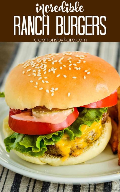 Try this easy ranch burger recipe for a flavorful twist on a classic favorite. An easy, tasty dinner any night of the week! #ranchburgers @Creations by Kara Ranch Burgers Recipes, Bacon Ranch Burgers, Basic Burger Recipe, Big Juicy Burgers, Cheesy Ranch Potatoes, Ranch Burgers, Chicken Bacon Ranch Pizza, Summer Picnic Food, Big Burgers Cheeseburgers