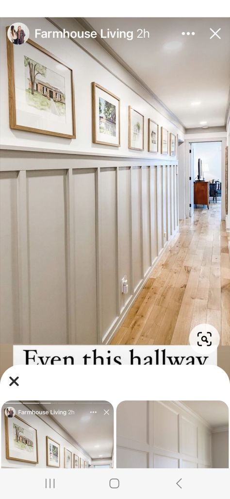 Pictures On Wainscoting, Picture Ledge Wainscoting, Board And Batten Wall With Chair Rail, Add Character To Hallway, Hallway Wayne’s Coating, Foyer Millwork Ideas, Mid Century Wainscoting Ideas, Front Hall Board And Batten, White Walls And Beige Trim