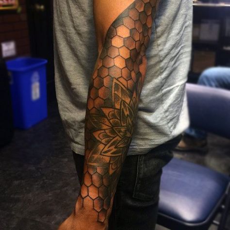 Mens Full Sleeves Honeycomb And Layered Petals Tattoo Honey Comb Tattoo Men, Black And White Honeycomb Tattoo, Honeycomb Tattoo Men, Honey Comb Leg Tattoo, Honey Comb Tattoo Sleeve Filler, Bee Hive Tattoo Design, Honeycomb Bee Tattoo, Honeycomb Tattoo Sleeve, Petals Tattoo