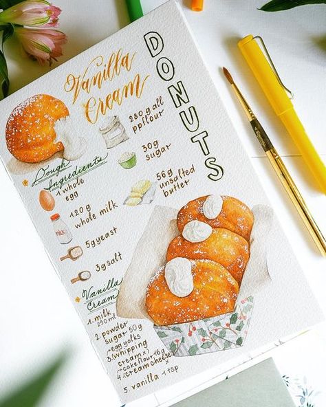 Culinary Notes Aesthetic, Food Recipes Written Down, Food Illustration Recipe, Food Illustration Art Watercolour, Recipe Sketchbook, Recipe Drawing Food Illustrations, Cookbook Illustration, Recipe Writing, Recipe Graphic