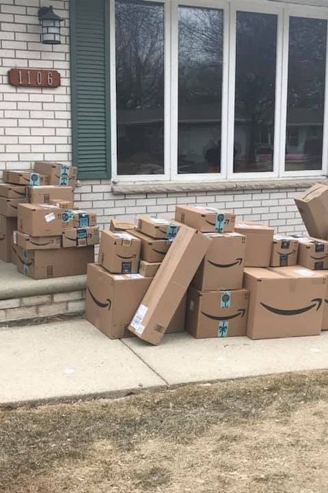 This Woman Saved ALL Her Amazon Boxes to Prank Her Husband, and Damn It, She’s Brilliant Amazon Meme, Amazon Boxes, April Fools Joke, Amazon Box, April Fool's Day, The Guilty, Front Lawn, April Fools Day, April Fools