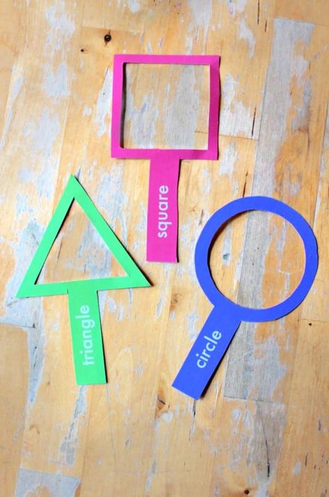 Fun shape lesson with free printable shape magnifying glasses - NurtureStore Shape Magnifying Glasses, Shape Hunt Preschool Free Printable, Circle And Square Activities, Shape Hunt Preschool, Shape Theme Preschool, Shape Finders, Shapes Eyfs, Shapes Activities Kindergarten, Shape Recognition Activities