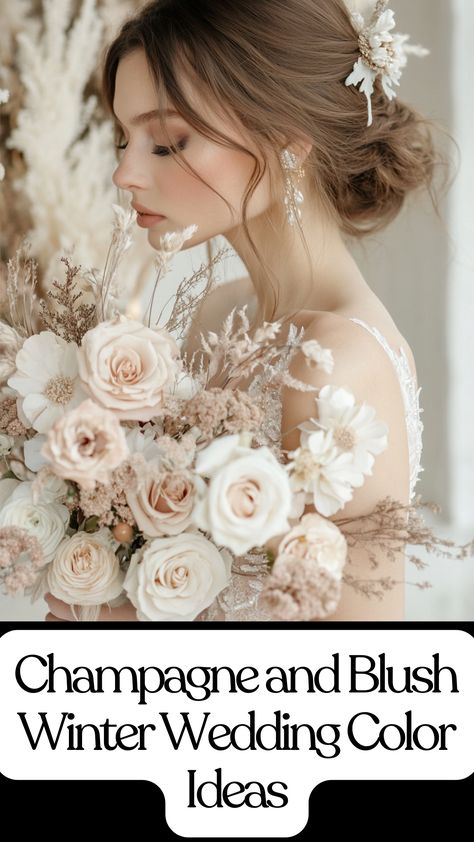 Elegant champagne and blush winter wedding color palette with floral and decor inspiration. Flowers With Champagne Dress, Blush Winter Wedding, Winter Wedding Color Ideas, Champagne Roses, Winter Ceremony, Winter Wedding Ideas, Wedding Color Ideas, Winter Wedding Bouquet, Winter Wedding Colors