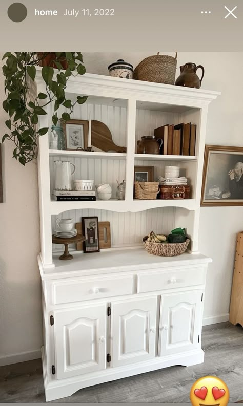 How To Decorate A Cabinet Shelves, Cottagecore China Cabinet, Decorate A Hutch Ideas, Vintage China Cabinet Decor, China Cabinet Top Decor, Kitchen China Cabinet Decor, Vintage Hutch Decorating Ideas, Hutch Decorating Ideas Modern, Glass Hutch Decorating Ideas