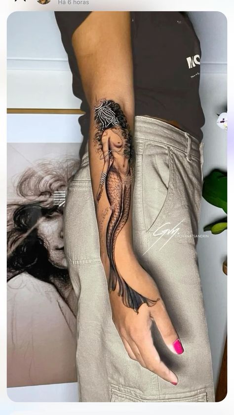 Mermaid Hand Tattoo, Yemaya Orisha Tattoo, Yemaya Tattoo, Mermaid Tail Tattoo, Mermaid Sleeve Tattoos, Thigh Tattoos For Women, Tattoo Free, Siren Tattoo, Underboob Tattoo Designs