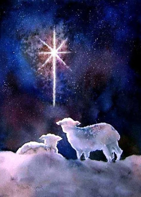 Watercolor Manger Scene, Religious Christmas Paintings, Christmas Star Painting, Nativity Painting, Sheep Art, Christmas Card Art, Holiday Poster, Watercolor Christmas Cards, Christmas Painting