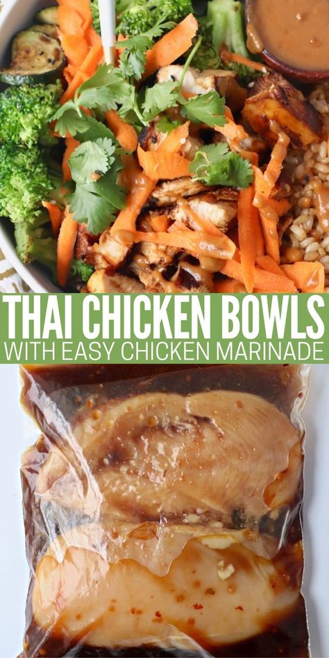 grilled diced chicken in bowl with brown rice and vegetables, and raw chicken in marinade in large zipper bag Thai Chicken Marinade, Veggie Marinade, Asian Marinade For Chicken, Brown Rice Recipes Healthy, Chicken Bowls Healthy, Gluten Free Bowl, Rice Bowls Healthy, Easy Chicken Marinade, New Chicken Recipes