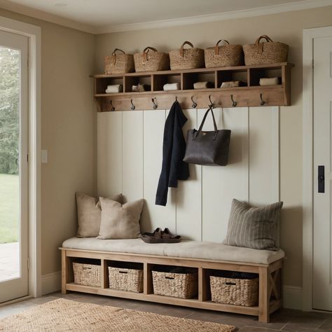 ⚠️LINK IN BIO⚠️ A functional rustic farmhouse mudroom with built-in storage, a cushioned bench, and hooks for coats and bags, perfect for organization. #Mudroom #RusticFarmhouse #Functional #BuiltInStorage #Bench Rustic Mudroom Storage, Mud Room Bench With Storage Farmhouse, Coat Bench Rack Entry Ways, Hallway Bench And Coat Rack, Coat Rack Wall With Bench, Hallway Hooks And Storage, Coat And Hat Rack Ideas, Entrance Hall Ideas Rustic, Mudroom Bench And Hooks