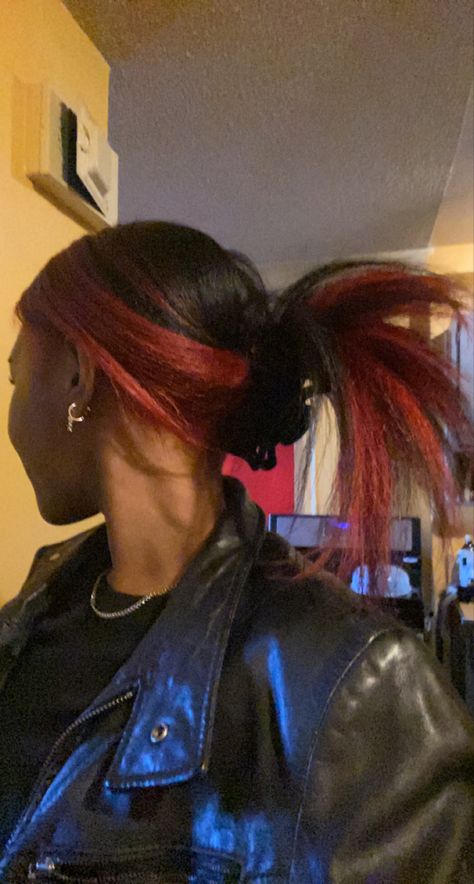 Black With Red Skunk Stripe, Red Hair With Black Skunk Stripe, Red Hair Pink Skunk Stripe, Red Skunk Stripe 4c Hair, Half Red Half Black Hair, Black Girls With Red Hair Dyed, Half Dyed Hair, Birthday Plans, Dyed Red Hair