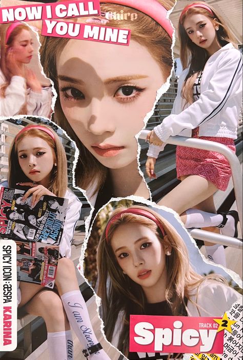 AESPA- 3RD MINI ALBUM [MY WORLD] (ZINE VER. - SPICY VER) Ae Karina, Kpop Scrapbook, Aespa Poster, Kpop Collage, Purple Icon, Scrapbook Cover, Fashion Layout, Pop Posters, Self Promo