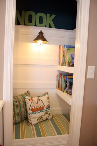 Closet turned book nooknook Closet Nook, Reading Nook Closet, Thrifty Decor Chick, Kid Closet, Closet Makeover, Cozy Nook, Small Room, Book Nooks, Reading Nook