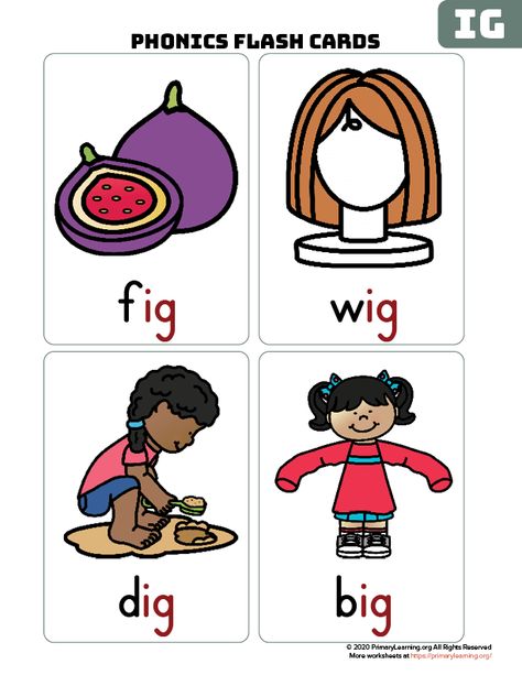 IG #wordfamily #flashcards help students learn to read. Words: big, dig, fig, pig, rig, wig. #phonics #primarylearning #kindergarten https://primarylearning.org/worksheet/ig-word-family-flash-cards/?utm_source=pinterest&utm_medium=social&utm_campaign=fundamental_skills&utm_term=phonics&utm_content=flashcards Ig Word Family, Word Family Reading, Kindergarten Word Families, Phonics Worksheets Free, Cvc Words Worksheets, Cvc Words Kindergarten, Word Family Worksheets, Family Worksheet, Phonics Free