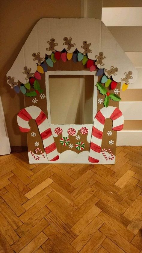 Christmas Display Classroom, Candyland Christmas Classroom, Santa's Workshop Window Display, Cardboard Ginger Bread House, Classroom Gingerbread House, Diy Gingerbread House Cardboard, Diy Cardboard Gingerbread House, Gingerbread House Cardboard, Gingerbread House Props