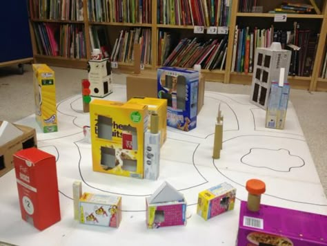 Great 'junk' city - from Seven Stories (7Stories on Twitter) (",) Katie Morag, Box City, Junk Modelling, Preschool Construction, Communities Unit, We Built This City, 3d Maps, People Who Help Us, Eyfs Activities