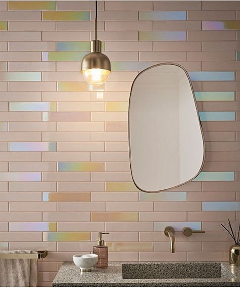 Spectre™ | Topps Tiles Modern Pink Bathroom, Pink Bathroom Tiles, Iridescent Tile, Downstairs Cloakroom, Light Spectrum, Topps Tiles, Cottage Bathroom, Interiors Inspiration, Pastel House