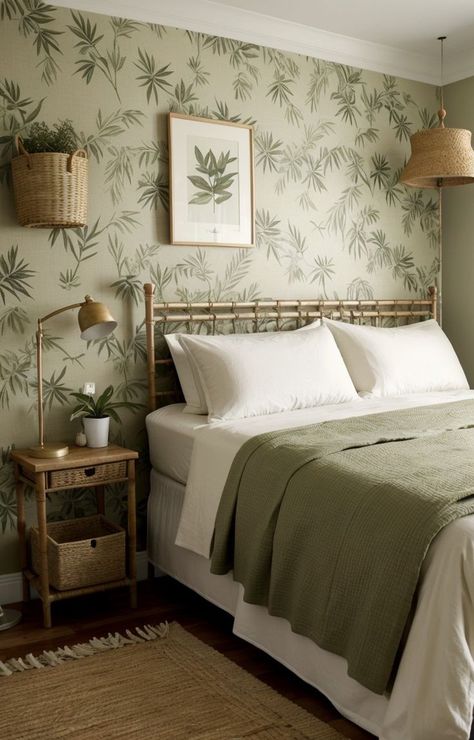 Bring the beauty of nature into your bedroom with a green earthy aesthetic. Incorporate a leafy wallpaper as a statement wall, add a bamboo ladder for hanging blankets, and complete the look with potted plants and wooden furniture for a calming and soothing atmosphere. Create a serene and tranquil atmosphere in your bedroom with a green earthy aesthetic. Green Earthy Aesthetic, Hanging Blankets, Green Room Ideas Bedroom, Bamboo Ladder, Calm Bedroom, Nature Inspired Bedroom, Green Bedroom Decor, Sage Green Wallpaper, Earthy Bedroom