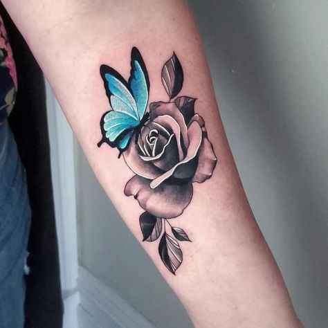 Rose With Butterflies Tattoo, Butterfly On Rose Tattoo, Butterfly And Rose Tattoo For Women, Rose And Butterfly Tattoos, Rose And Feather Tattoo, Rose And Butterfly Tattoo Design, Roses And Butterfly Tattoo, Butterfly And Rose Tattoo, Butterfly Tattoo With Flowers