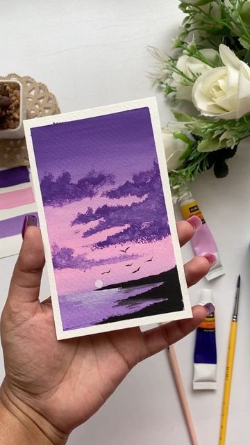 Bhuvana | Watercolours & Gouache on Instagram: "Part 17 : Colours I chose for my painting Hope you saw my other series- Let’s explore colours and I thought i will use the same colours and continue my paint series too 💜💞 Pls do comment your thoughts on this painting 💞💞 ✨Products used : @himimiya.india Gouache tubes - Pale Violet & Purple Rose & brushes ✨This is a combo to die for and u can never go wrong. ✨ Even without white gouache ,it gives a seamless blend ✨Hope this information was Tube Colour Paintings Easy, Purple Watercolour Painting, Painting Ideas Without White Paint, Tube Colour Paintings, Painting Without White Colour, How To Make Purple Colour, Purple Art Aesthetic Painting, Purple Aesthetic Painting, Painting Ideas Purple