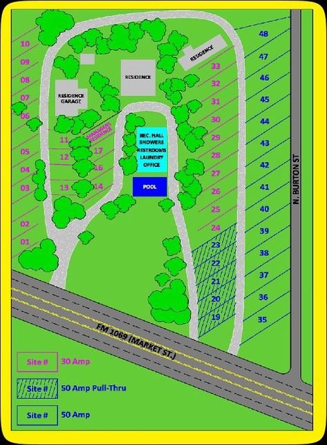 Rv Park Layout, Rv Park Design, Park Layout, Camping In Texas, Best Rv Parks, Camping Park, Travel Trailer Camping, Rv Parks And Campgrounds, Rv Campgrounds