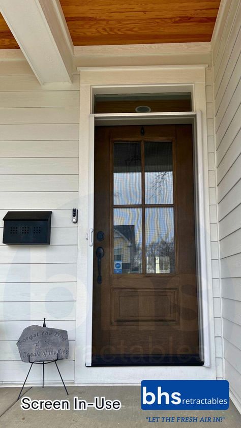 Entry door-retractable screen pulled across Retractable Screen Door For Rv, Garage Screen Door Retractable, Sliding Acreen Door With Retractable Bug, Retractable Screen Door Home Depot, Sliding Screen Doors Lowe's, Screen Door Repair, Retractable Screen Door, French Balcony, Motorized Blinds