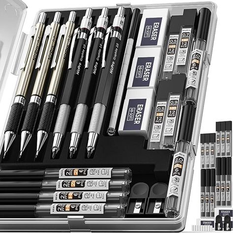 Nicpro 6PCS Art Mechanical Pencils Set, 3 PCS Metal Drafting Pencil 0.5 mm & 0.7 mm & 0.9 mm & 3 PCS 2mm Graphite Lead Holder (2B HB 2H) For Writing, Sketching Drawing With 12 Tube Lead Refills Case Back To University, Drafting Pencil, Lead Holder, Black Metal Art, Art Studio Room, Artist Pencils, Led Pencils, Art Tools, Erasers