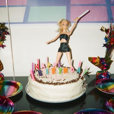 Barbie on a birthday cake holding a cigarette, taken with film 20th Birthday Cake Barbie, Barbie Birthday Party For Adults, 24th Birthday Party Ideas, Barbie Adult Birthday Party, Barbie Party Adult, Adult Barbie Party, Adult Barbie Birthday Party, Birthday Cake Barbie, Adult Birthday Cake