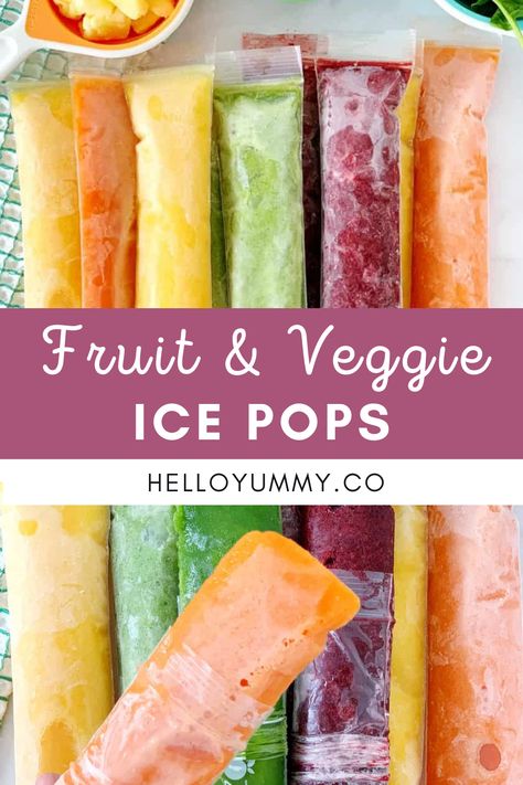 Fruit and Veggie Ice Pops. Healthy snack for kids. Fruit And Veggie Popsicles, Healthy Ice Pops For Kids, Hidden Veggie Popsicles, Healthy Ice Pops Homemade, Homemade Freezies For Kids, Veggie Popsicles Kids, Healthy Toddler Popsicle Recipes, Frozen Ice Pops, Kid Friendly Popsicle Recipes