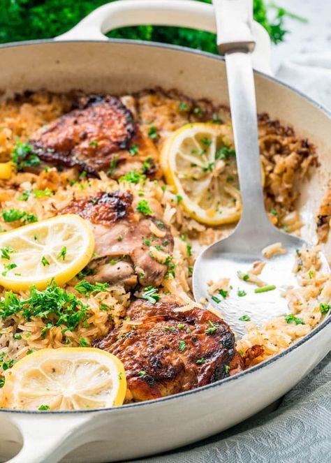 This Lemon Chicken Rice Bake has incredible lemon herb flavors, all done in ONE POT and super fast to prepare! Perfect for any night of the week! www.jocooks.com #onepot Braiser Recipes, Lemon Chicken Rice, Braising Recipes, Chicken Rice Bake, Lemon Chicken Thighs, Best Chicken Casserole, Creuset Recipes, Le Creuset Recipes, Baked Lemon Chicken